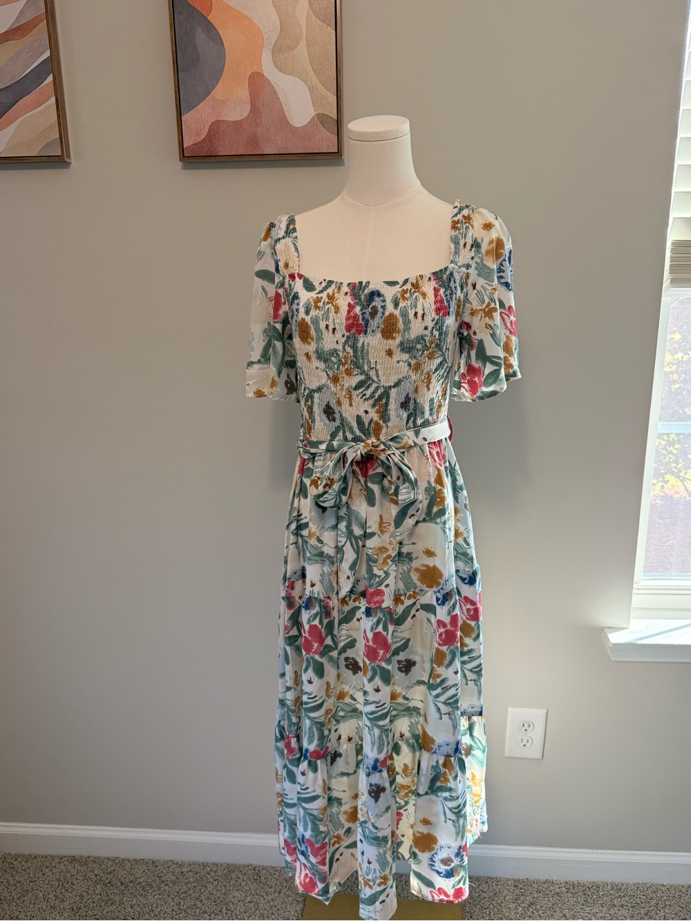 Floral Square-Neck Midi Dress with Tie Waist - White Multi